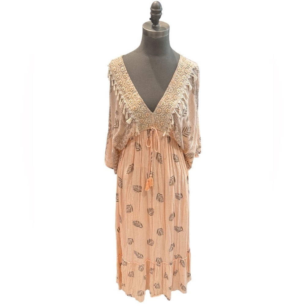 Zury Embroidered Tassel Peach Gold Midi Dress Free Size